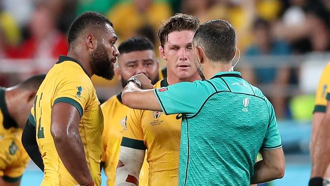 Referee Romain Poite’s penalty against Samu Kerevi (left) was questionable at best. Picture: Getty