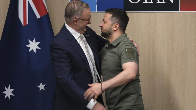 Prime Minister Anthony Albanese and Ukranian President Volodymyr Zelensky embrace at the NATO Summit in Vilnius, Lithuania. Picture: Jacquelin Magnay/The Australian