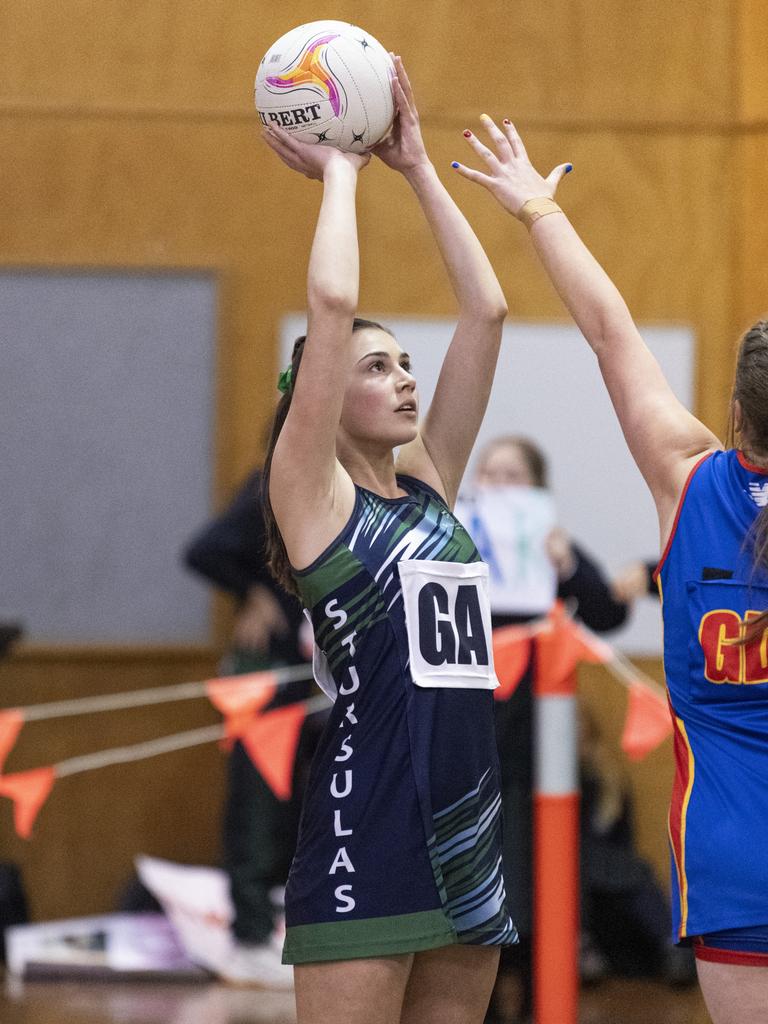 Grace Douglas of St Ursula's Senior B against Downlands Second VII in Merici-Chevalier Cup netball at Salo Centre, Friday, July 19, 2024. Picture: Kevin Farmer