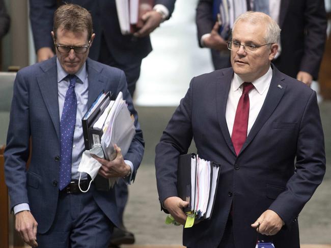 Prime Minister Scott Morrison (right) with Attorney-General Christian Porter (left). Picture: NCA NewsWire / Gary Ramage