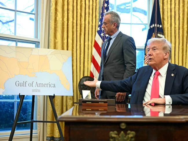 US President Donald Trump points a map reading "Gulf of America" as he speaks to the press after signing an executive order on price transparency requirements on the health care industry to reinstate and strengthen them. Picture: AFP