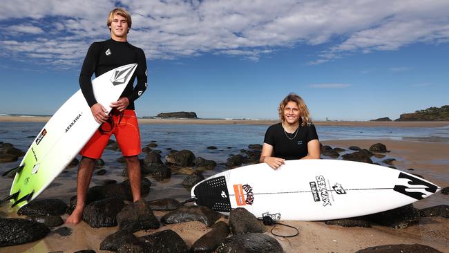 World Surf League surfers Jack Robinson and Zahli Kelly at Fingal on the NSW Far North Coast. Picture: Jason O'Brien