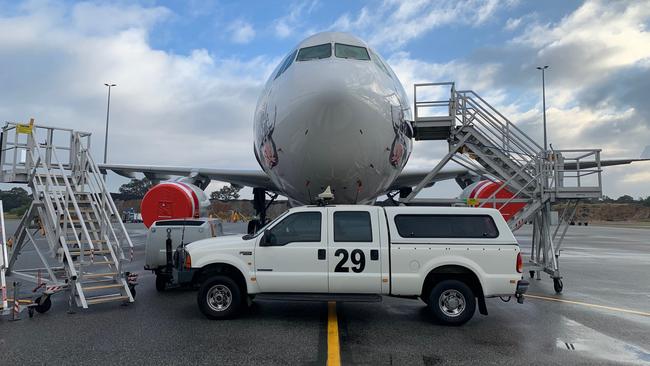 Virgin Australia Airbus A320, blocked by a vehicle at Perth Airport. Picture: Geoffrey Thomas