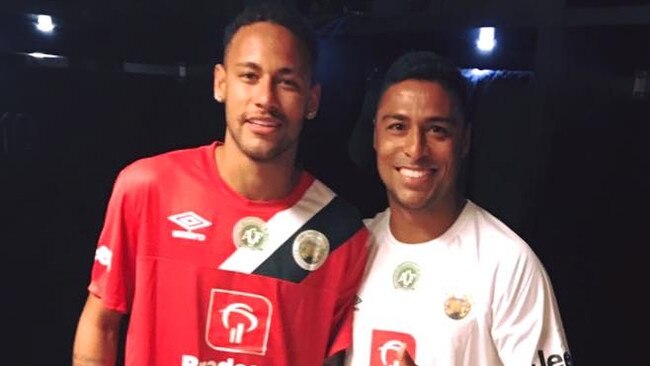 Adelaide United legend Cassio with superstar Neymar after the All Stars match at the Maracana Stadium in Rio. The game raised money for victims of the Chapecoense air disaster.