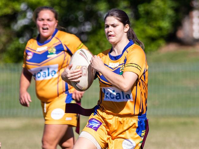 Mullumbimby's Leonie Turner-Mann shapes to move in NRRRL Ladies League Tag against Marist Brothers.