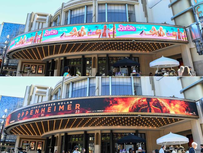 (COMBO) This combination of pictures created on December 10, 2023 shows Grove's Theater marquee announcing the opening of 