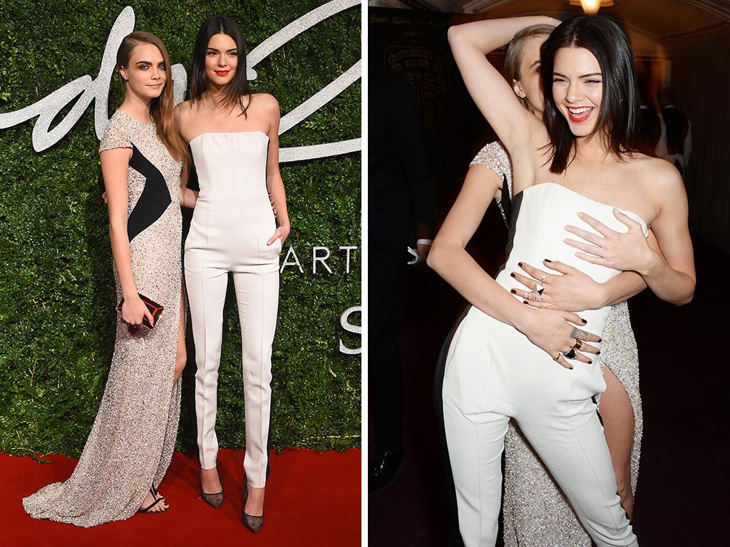 Kendall Jenner and Model of the Year winner Cara Delevingne attend the British Fashion Awards at the London Coliseum on December 1, 2014 in London, England. Picture: AP/Getty