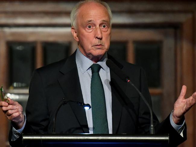 Former Australian Prime Minister Paul Keating is seen delivering a speech at Customs House in Brisbane, Wednesday, March 14, 2018. Mr Keating is in Brisbane to launch the book, Fair Share: Competing Claims and Australia's Economic Future, co-authored by Professor Stephen Bell, from the University of Queensland's School of Political Science and International Studies, and Dr Michael Keating, former Secretary of the Department of the Prime Minister and Cabinet. (AAP Image/Darren England) NO ARCHIVING