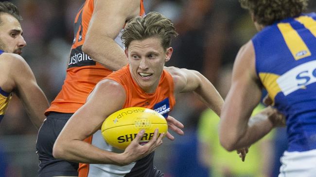 Lachie Whitfield of the Giants in action during the Round 22 AFL match between the GWS Giants and West Coast Eagles at Spotless Stadium in Sydney, Saturday, August 19, 2017. (AAP Image/Craig Golding) NO ARCHIVING, EDITORIAL USE ONLY