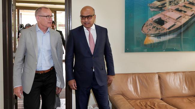 Former Premier Jay Weatherill visits Liberty One Steel Whyalla Steelworks owner Sanjeev Gupta. Picture: Dylan Coker