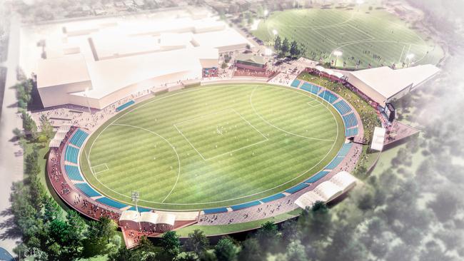 Adelaide Crows artist impressions of their new base at Thebarton Oval – Aerial CREDIT: City Collective