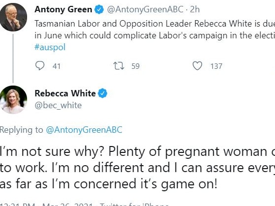 Tasmanian Labor leader Rebecca White had a quick response at the ready when her pregnancy during an election campaign was questioned. Picture: Twitter