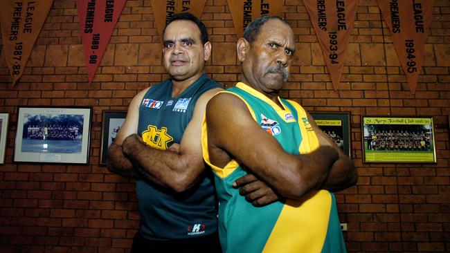 Michael Long in the St Mary’s clubroom with fellow club legend Leon Gregory in 2007.