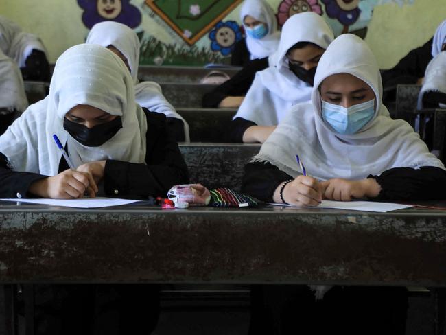 Schoolgirls attend class in Herat on August 17, following the Taliban stunning takeover of the country. Picture: AFP