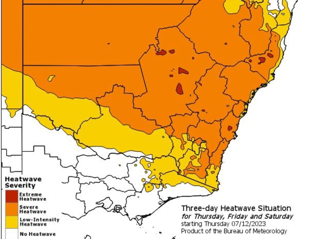 The brutal heatwave will be “severe” across most of NSW. Picture: BOM.