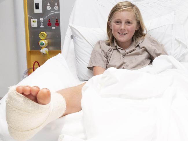 *** POOL PICS ***Jackson Bartlett (10) in PCH with a bandaged foot where a shark bit him.Picture: Simon Santi The West Australian