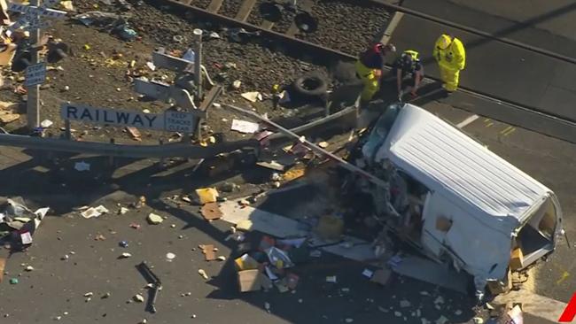 A delivery van and train collided in Yarragon at 8.20am on Anzac Day. Picture: Channel 7