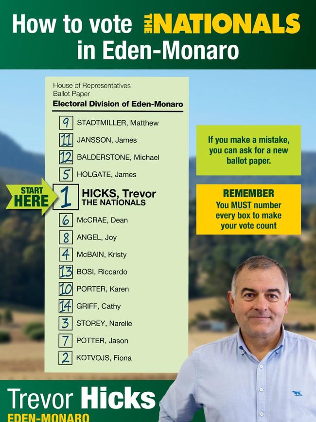 The Nationals official how-to-vote card asks voters to vote "1" Trevor Hicks, of the Nationals, and "2" Fiona Kotvojs, of the Liberal Party.