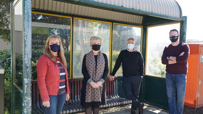 Mayor Lynette Martin (second from left) and councillors Sonya Mezinec, Frank Morello and Ben Hood at the Ferrers Street bus stop. Picture: City of Mount Gambier Council