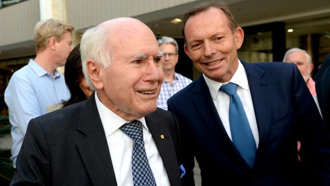 Former prime ministers John Howard and Tony Abbott. Picture: AAP Image/Jeremy Piper