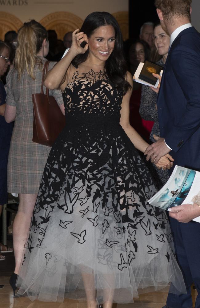 Meghan Markle turned heads in a bird print Oscar de la Renta gown. Picture: Getty Images