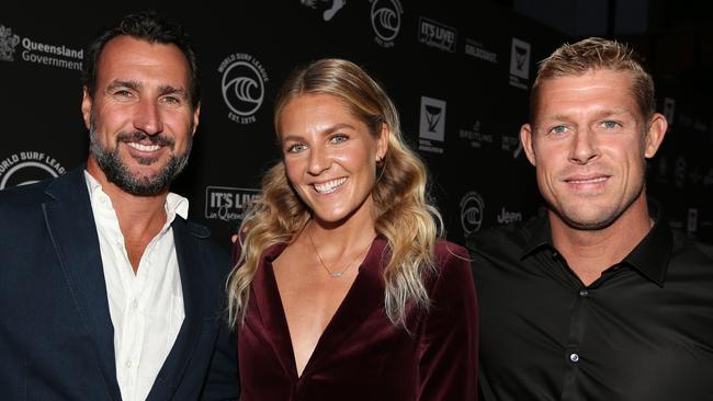 Joel Parkinson, Stephanie Gilmore and Mick Fanning at the 2019 WSL Awards night held on the Gold Coast. Photo: Mike Batterham