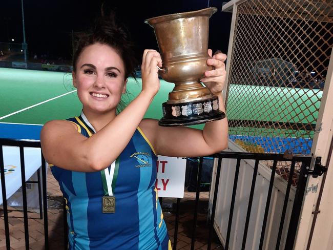 Hancocks match-winning goal scorer Layla Eleison raises the premiership cup after her team beat Thistles in the Ipswich A-Grade grand final. Picture: David Lems