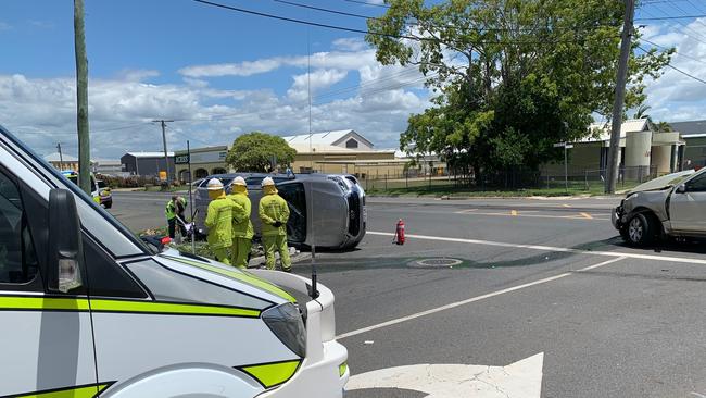 Emergency services crews at the scene of a two-vehicle smash in Rockhampton's CBD on February 11. Photo Pam McKay.