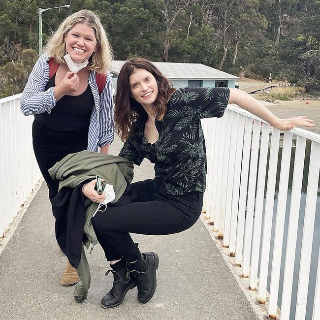 Kate McLennan and Kate McCartney while filming Deadloch at Kingston Beach. Picture: Instagram