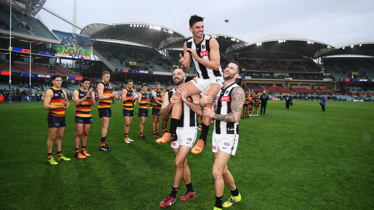 Scott Pendlebury is chaired off after his 350th game for Collingwood. Picture: Mark Brake/Getty Images