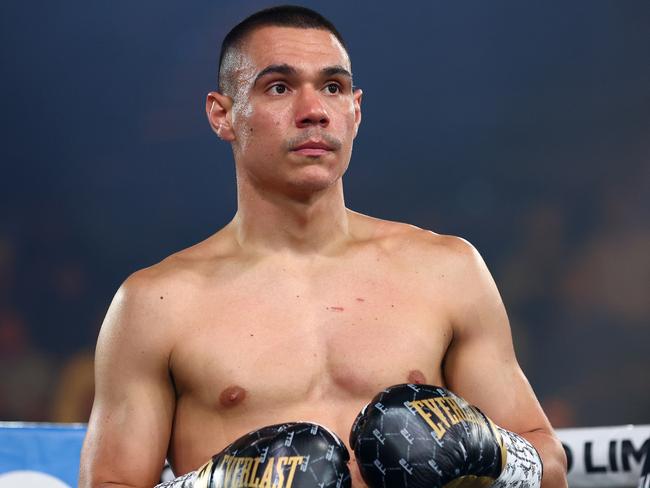 GOLD COAST, AUSTRALIA - JUNE 18: Tim Tszyu takes to the ring ahead of his fight with Carlos Ocampo during the WBO Iterim Super-Welterwight title bout at Gold Coast Convention and Entertainment Centre on June 18, 2023 in Gold Coast, Australia. (Photo by Chris Hyde/Getty Images)