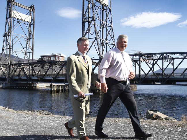 Southern Tasmanian mayors including Tony Foster, of Brighton, and Martyn Evans, the Derwent Valley, have been calling for a new bridge for decades. Picture: KIM EISZELE