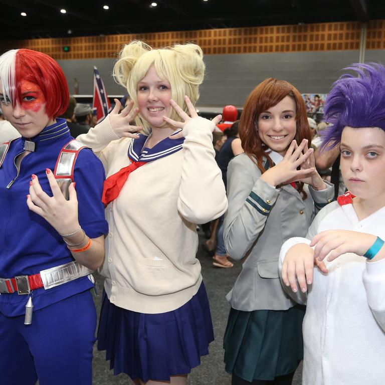 Supanova at Gold Coast Convention Centre. Chelsea Rankmore, 15, Tegan Henderson, 14, Kasey Evans, 14, Erinn Howden, 20 as characters from My Hero Academia. Photo by Richard Gosling