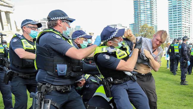 Protesters lashed out at police at the anti-lockdown protest in Melbourne on Saturday. Picture: Alex Coppel