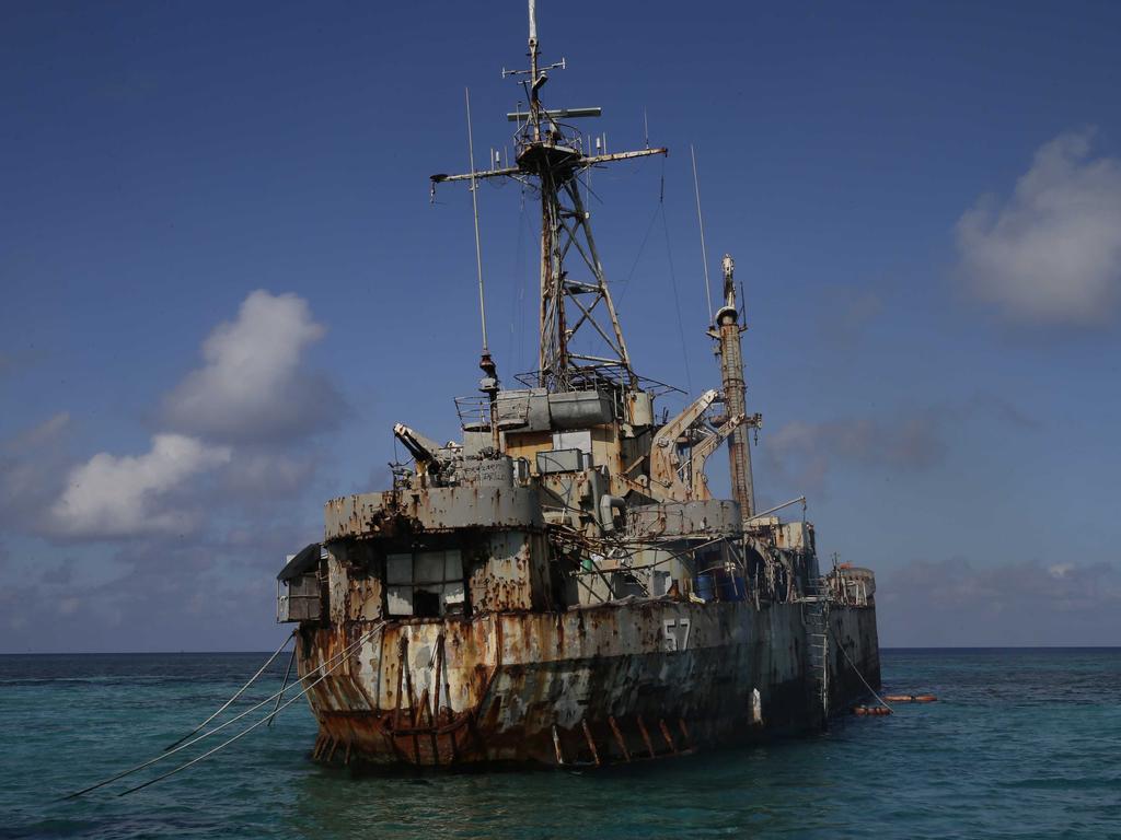 A dilapidated Philippine Navy ship LT 57 (Sierra Madre) with Philippine troops deployed on board is anchored off Second Thomas Shoal, locally known as Ayungin Shoal, off South China Sea. Picture: AP Photo/Bullit Marquez.