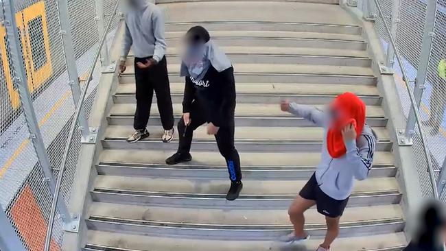 CCTV captured at Rooty Hill train station just before 5pm on Friday, June 12, showing teens allegedly armed with knives confront each other in front of shocked commuters. Picture: NSW Police