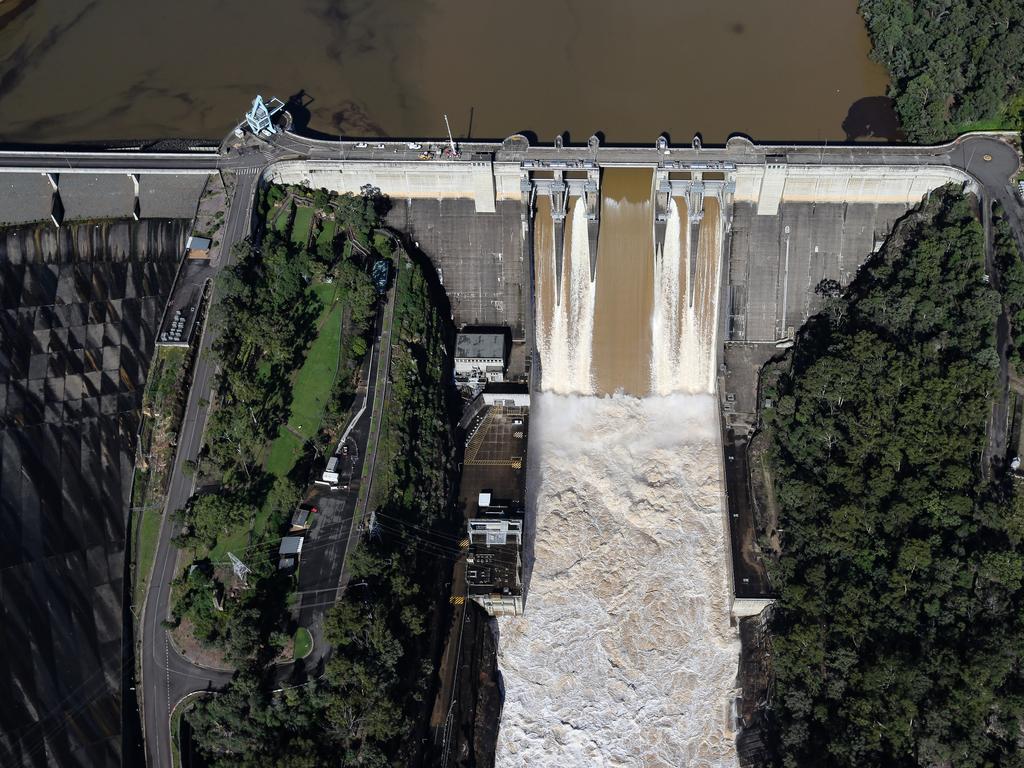 An Aerial view of Warragamba Dam overflowing in the Western Sydney region. Picture: NCA NewsWire / Gaye Gerard