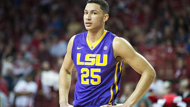 FAYETTEVILLE, AR - FEBRUARY 23: Ben Simmons #25 of the LSU Tigers looks over at the camera during a game against the Arkansas Razorbacks at Bud Walton Arena on February 23, 2016 in Fayetteville, Arkansas. The Razorbacks defeated the Tigers 85-65, (Photo by Wesley Hitt/Getty Images)