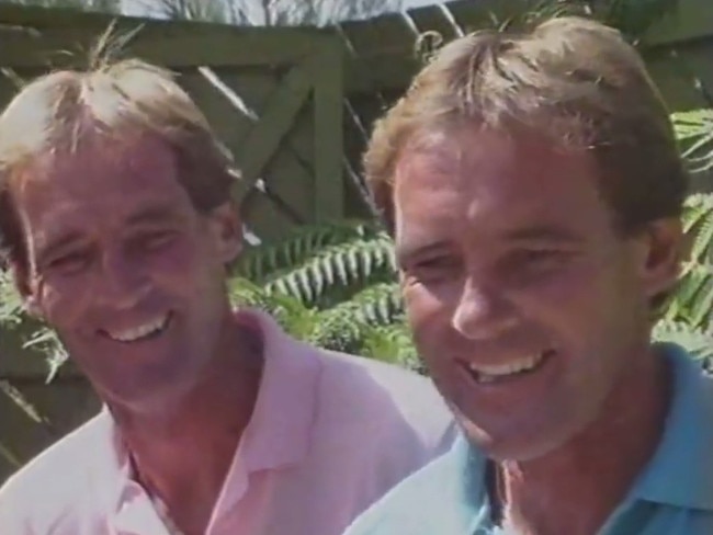 Murder suspect Chris Dawson (Green shirt) and his twin brother Paul Dawson (Pink shirt) discussing their extraordinarily close bond when they were Queensland teachers.The Dawsons were featured on a TV current affairs segment about the 19 sets of twins among students and staff at the Gold Coast’s Coombabah high school. Supplied