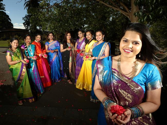 Preparations for this year’s Footscray Diwali Festival. From left to right, Rupa, Shubhangi, Suchitra, Sindhi, Palak, Vineela, Divya, Kirti and Kuki in Footscray Park. Picture: Hamish Blair