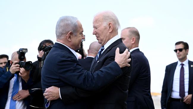 President Joe Biden was welcomed by Israeli Prime Minister Benjamin Netanyahu upon arrival on a visit to Israel in October. Picture: AFP