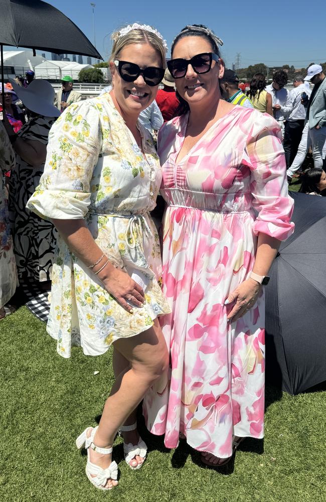 Tia Albrey and Stacey Cordina at the Melbourne Cup at Flemington Racecourse on November 5, 2024. Picture: Phillippa Butt