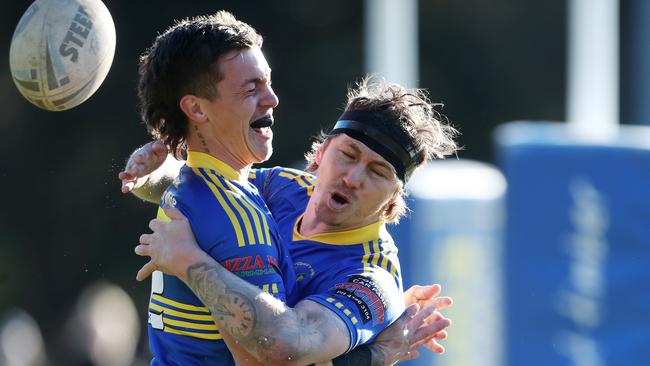 Zac Sun and Jake Fitzpatrick celebrate another Toukley try. Picture: Sue Graham