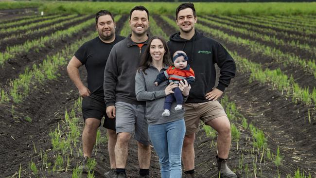 The Raffa family have farmed asparagus for three generations at the same Tooradin site. Pictured are Vince, Christian, Rosalee, 6 month old Adele and Adrian Raffa. Picture: Zoe Phillips