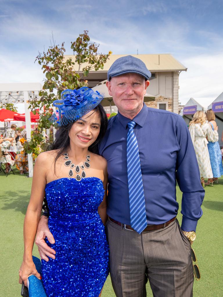 Merlyn Sobremisana and John Young at the 2023 Adelaide Cup at Morphettville Racecourse. Picture: Ben Clark