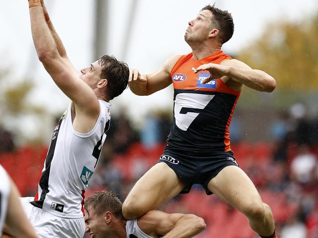 Toby Greene soared above the pack to reel in a Mark of the Year contender. Picture: Ryan Pierse/Getty Images