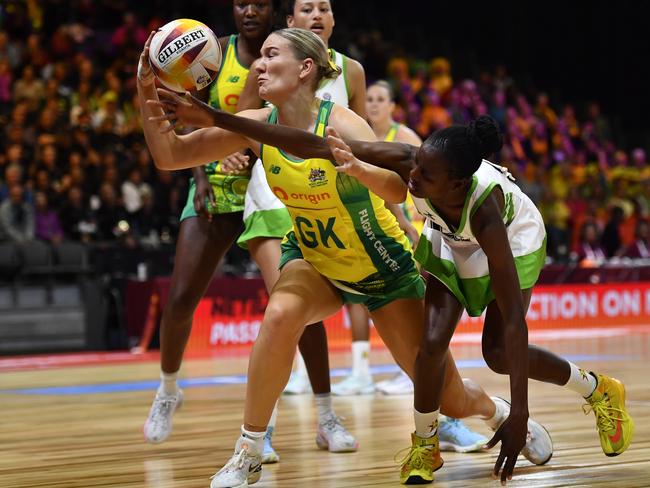 CAPE TOWN, SOUTH AFRICA - JULY 28: Courtney Bruce of Australia during the Netball World Cup 2023, Pool A match between Australia and Zimbabwe at Cape Town International Convention Centre Court 1 on July 28, 2023 in Cape Town, South Africa. (Photo by Ashley Vlotman/Gallo Images/Netball World Cup 2023 via Getty Images)