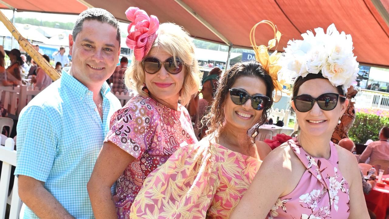 Dustin Warthold, Kristi Moseley, Sandy Nair and Lauren Warthold at the 2021 Great Northern Darwin Cup. Picture: Julianne Osborne