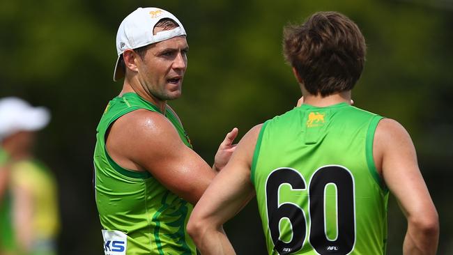 Luke Hodge gives out some advice at Brisbane training. Picture: Getty Images