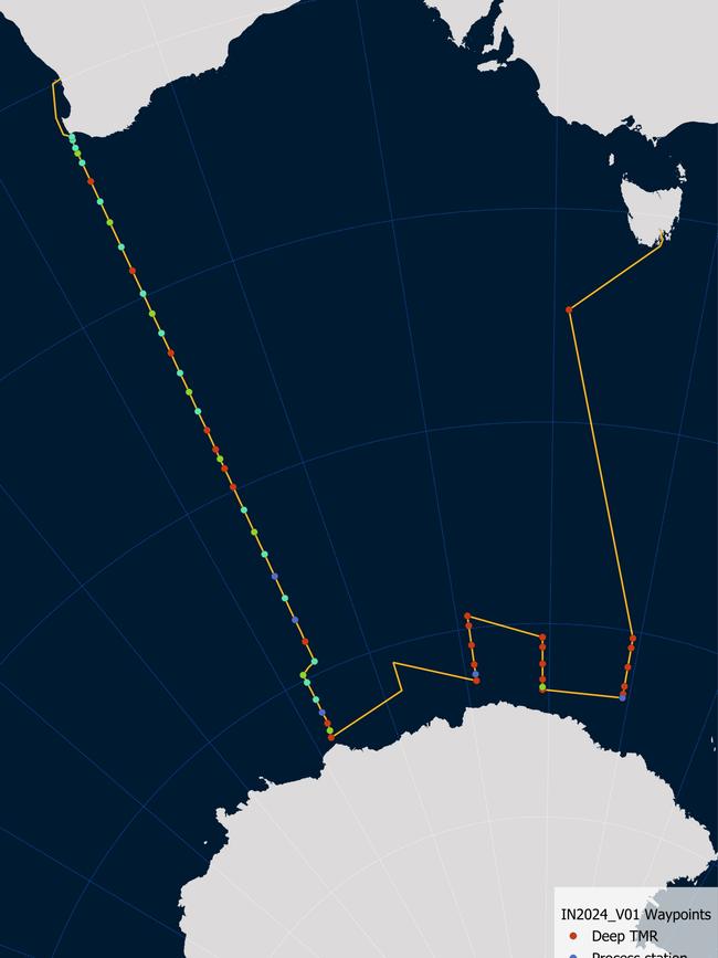 A map showing the planned route for the RV Investigator on its 60-day voyage collecting data in the Southern Ocean.